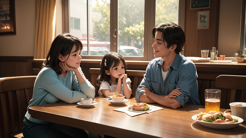 A happy family with children, sitting at a colorful diner table, facing away from the camera, their faces not visible, (best quality,4k,8k,highres,masterpiece:1.2),ultra-detailed,(realistic,photorealistic,photo-realistic:1.37),family portrait, children, diner table, colorful interior, warm lighting, cozy atmosphere, detailed background, soft focus, cinematic composition