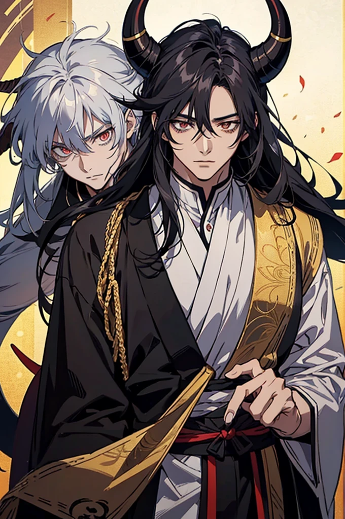 anime guy with horns and a goat head, anime tribal boy with long hair, golden glowing eye, one eye is covered with his hair bangs, handsome guy in demon slayer art, handsome japanese demon boy, detailed anime character art, detailed digital anime art, by Yang J, with his black hair, anime handsome man, male anime character, inspired by Okumura Masanobu, he has dark grey hairs
