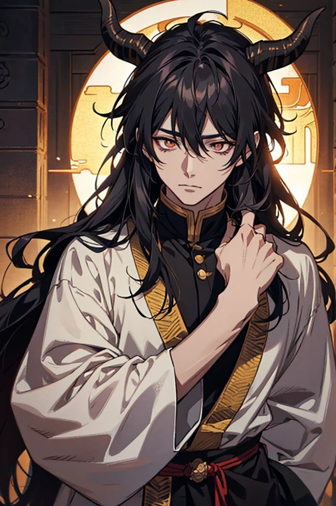 anime guy with horns and a goat head, anime tribal boy with long hair, golden glowing eye, one eye is covered with his hair bangs, handsome guy in demon slayer art, handsome japanese demon boy, detailed anime character art, detailed digital anime art, by Yang J, with his black hair, anime handsome man, male anime character, inspired by Okumura Masanobu, he has dark grey hairs