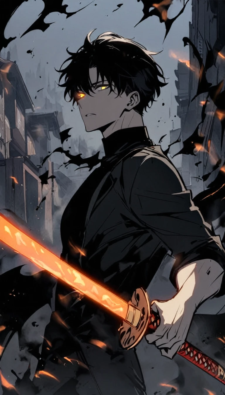 Handsome, alone, male, Short hair,, black hair, black yellow odd eye, black shirt, black pants, Black coat, black flame,holding a katana in one hand