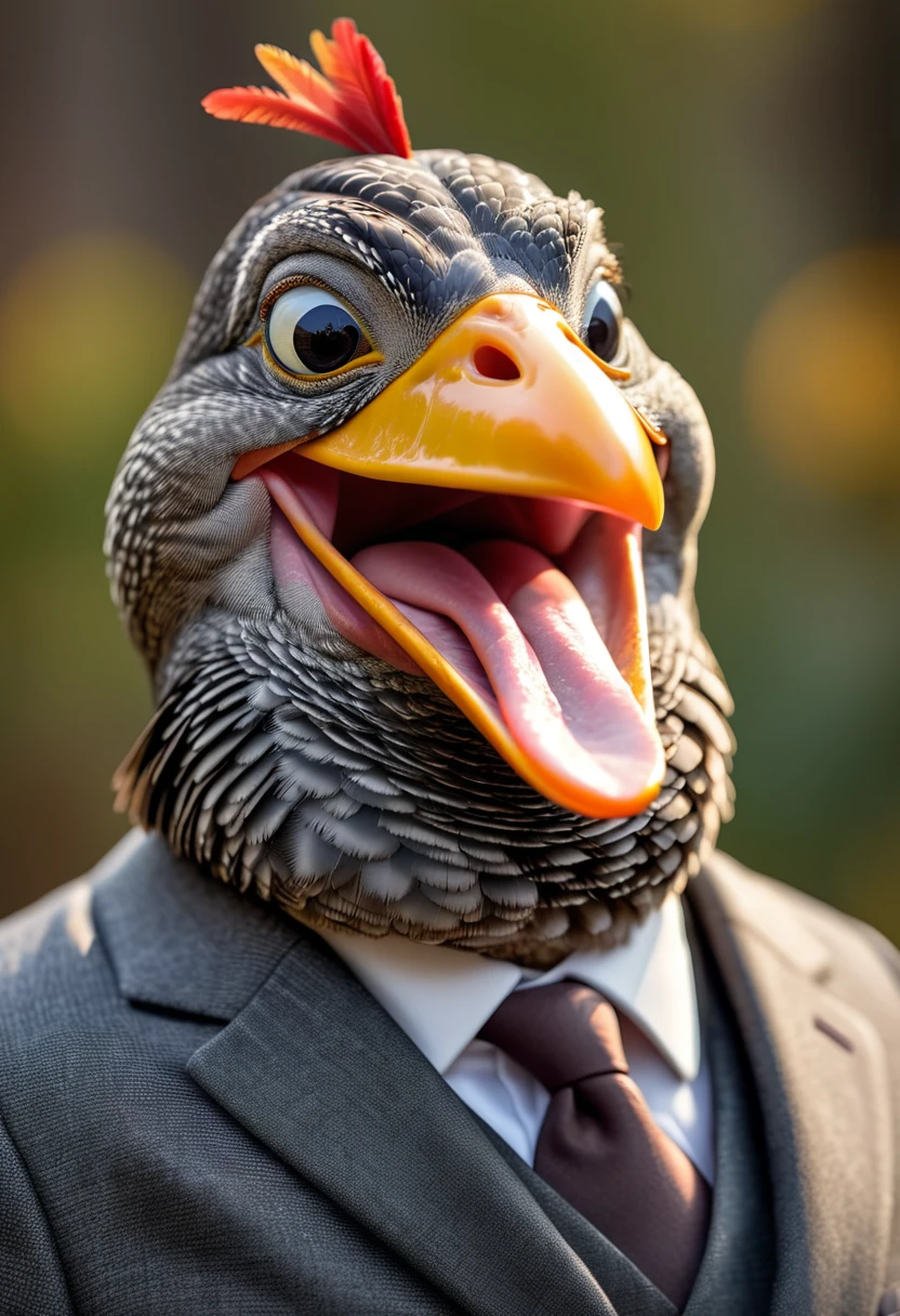 face close up photo of anthropomorphic fat turkey ,(beak), dressed in a dark gray suit, (sticking out tongue:1.5),(happy smile:1.5),(playful:1.2), soft lighting, Cinematic, hdr, primitive, Intricate, High quality, smoothing tones, Intricate details, Low contrast,(viewed from side:2.0), (looking to the side:1.5), simple background