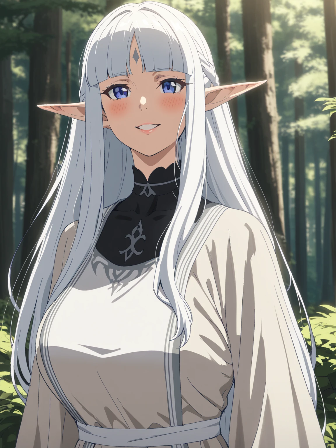 {{upper body, face focus}} {{Artist: Sincos}} 1 woman, solo, mature female, elf elegant, princess, pointy ears, blue eyes, long hair, straight hair, white hair, blunt bangs, lips, large breasts, happy, white tabard, black collar, black undershirt, outdoors, forest, dappled sunlight, medieval fantasy.
