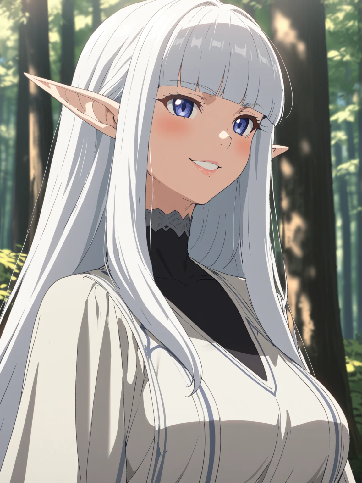 {{upper body, face focus}} {{Artist: Sincos}} 1 woman, solo, mature female, elf elegant, princess, pointy ears, blue eyes, long hair, straight hair, white hair, blunt bangs, lips, large breasts, happy, white tabard, black collar, black undershirt, outdoors, forest, dappled sunlight, medieval fantasy.