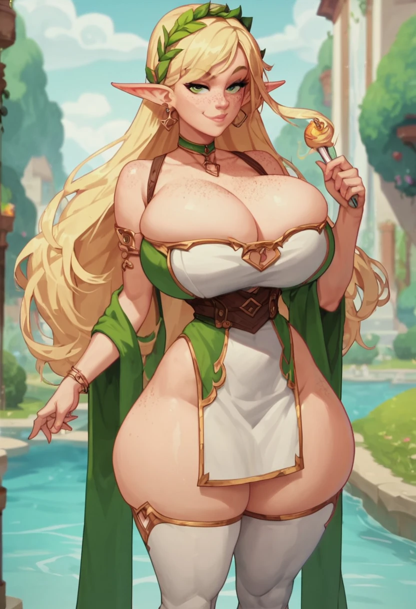 score_9, score_8_up, score_7_up, 1girl, solo, wide hips, thick thighs, huge ass, thighhighs, narrow waist, source_, huge breasts, smug, freckles, blonde hair, elf girl, long hair, anime screencap