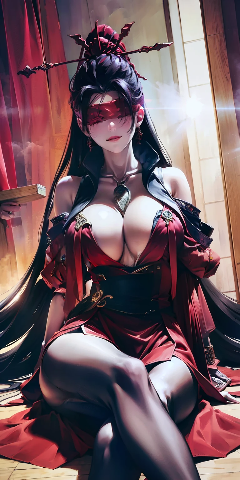 beautiful eyes,god rays, silk,  indoors,blindfold, hair ornament,red dress, bun, hair sticks, black hair, sit, spread legs,
jewelry,  hands on chest,see-through, looking at viewer,  hair ornament, choker, shy,  smile,
(masterpiece, top quality, best quality, official art, beautiful and aesthetic:1.2), (1 girl), extreme detailed,  colorful, highest detailed,
(huge breasts:1.2,) upper body, from bleow,  cameltoe, white panties, skirt lift,
china city,street,  sun, cloud, wall, leaning,