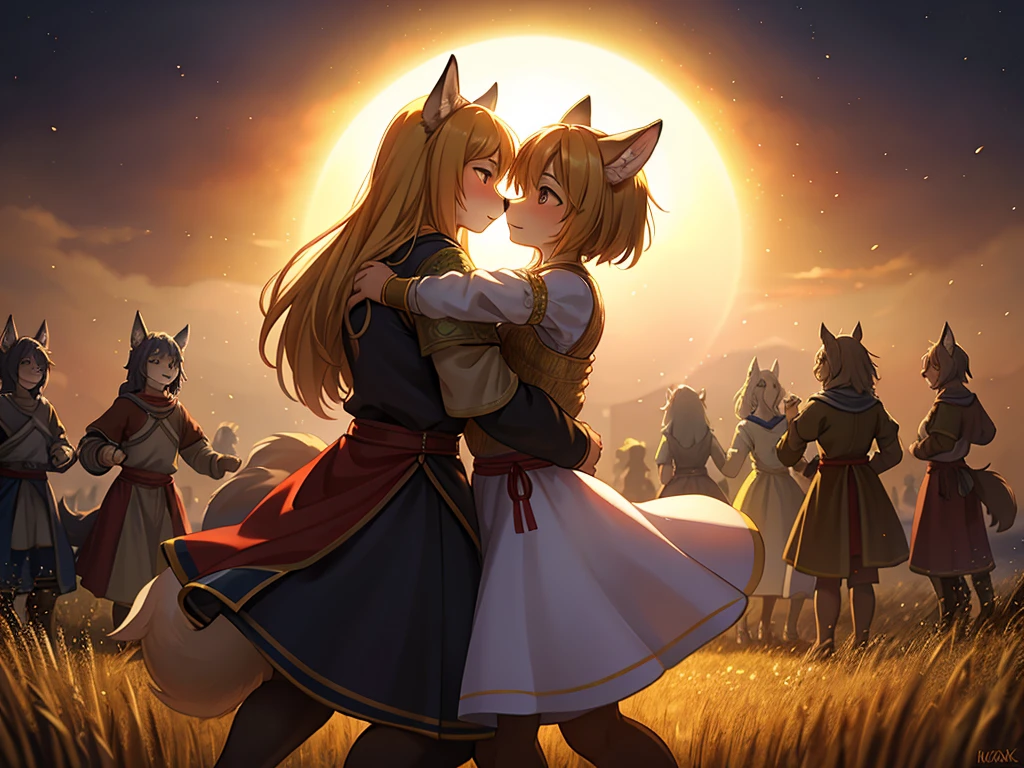 Hallucination, daydream , nightmare , bokeh , messy Wolves dancing in a sea of ​​golden wheat , sun set , dancing blur , Clothing of peasant women in medieval Europe