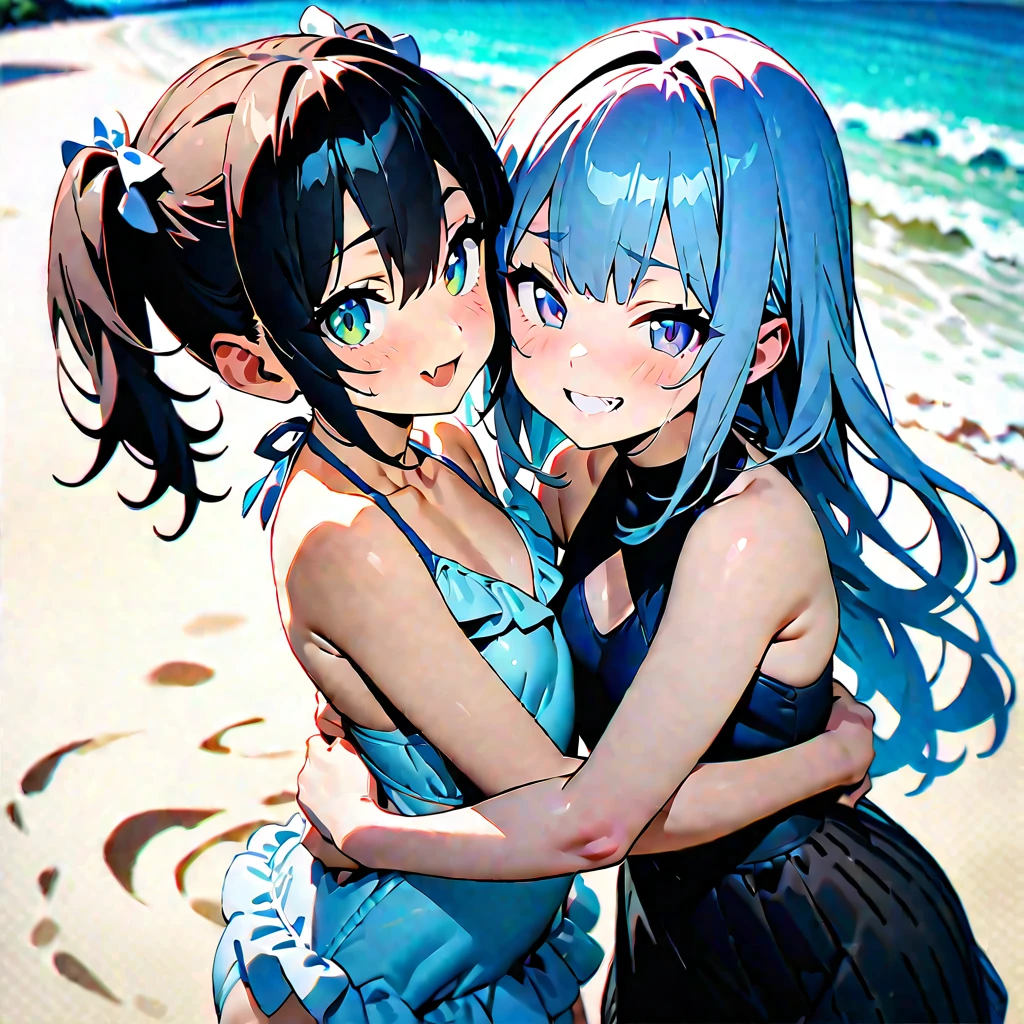 (masterpiece:1.3),(bestquality:1.3),(8k:1.3),(2girls:1.1),(beach:1.3),(cowboy_shot:1.3),(dutch angle:1.3),(from_below:1.2),(fisheye:1.1),(soft clean:1.1),anime visual, (Lovey-dovey:1.5), (tilt head:1.3), extremely delicate face, soft clean focus, realistic lighting and shading, (an extremely delicate and beautiful art:1.3), elegant,
AND BREAK
(masterpiece:1.3),(bestquality:1.3),(high resolution:1.3),(extremely detailed:1.3),(8k:1.3),(2girls:1.1),(:1.1),ponytails,hair between eyes,skin_fang,blue eyes,silver hair,small_breasts,(open mouth:1.1),(grin:1.1),(blue bow:1.1),(frosty blue halterneck bikini:1.2),(frills trim:1.1),(hug each other tight:1.4),beach,
AND BREAK
(masterpiece:1.3),(bestquality:1.3),(high resolution:1.3),(extremely detailed:1.3),(8k:1.3),(2girls:1.1),lolick and green eyes,blue purple hair, long wavy hair,blunt bangs hair,(two side up:1.1),(skin fang:1.2),small_breasts,(whitebow:1.2),(grin eyes:1.2),(smirk:1.2),(black halterneck bikini:1.2),(frills trim:1.1),(hug each other tight:1.4),beach,