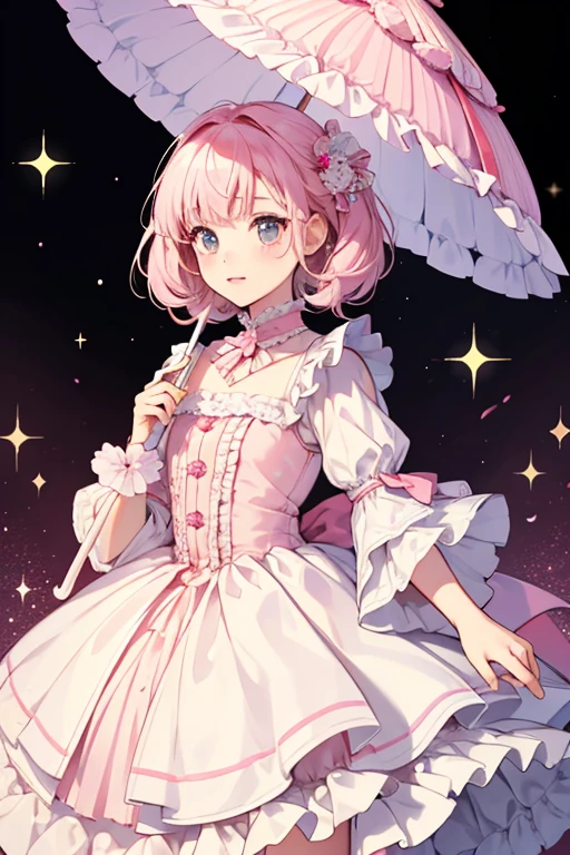 Terupotchi looks like a white doll that is frilly at the bottom. She has two tiny arms in front of her, and a dark pink umbrella with a light pink stripe on top of her head. SPARKLE; GLITTER