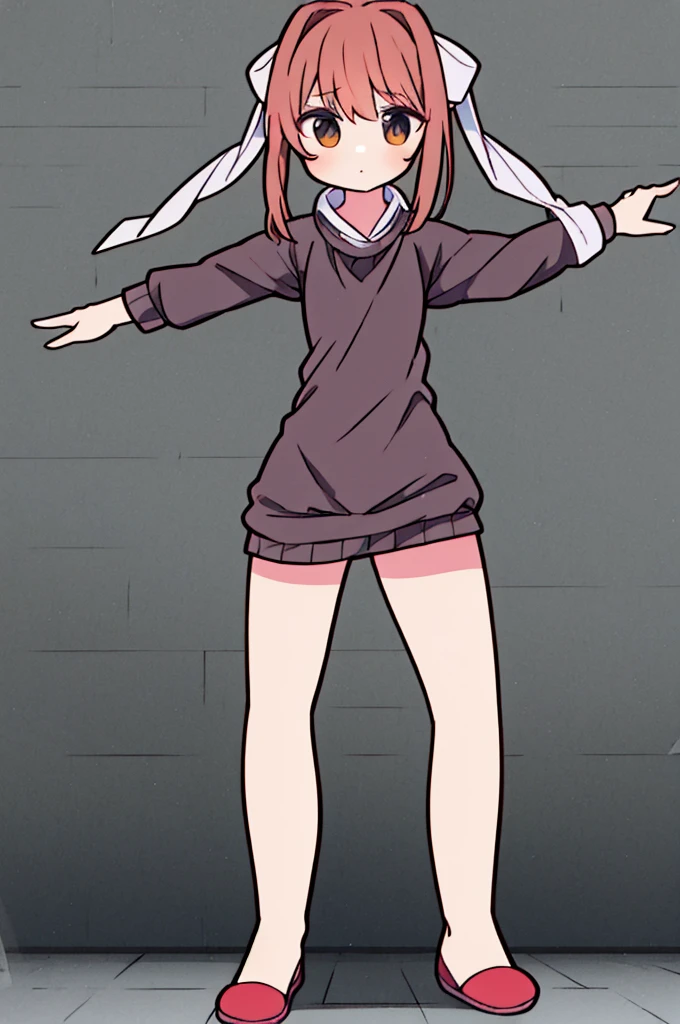 Monika, T posing, wearing virgin killer sweater and nothing else, hair down