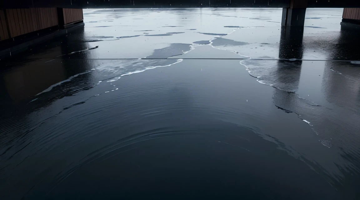 A lot of rain is pouring down on the mirror-like surface of the water where nothing is placed, and it keeps raining all the time, (Photographic, Best Quality, High Quality, Highres:1.4), Detailed, Extremely Detailed, Ambient Soft Lighting, 4K, Background, Depth of Field,