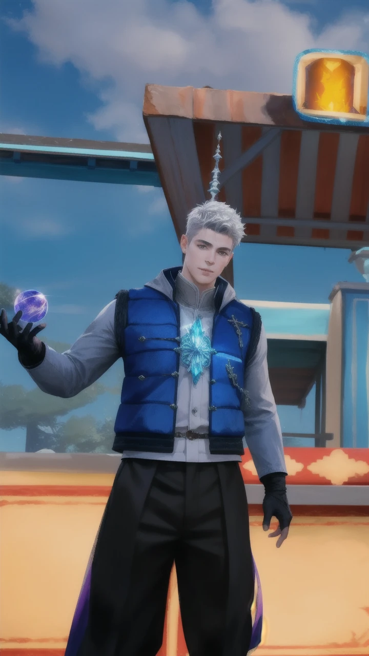 (Absurdres, Intricate Details, Masterpiece, Best Quality, High Resolution, 8k), 1 male, masculine, young, aged up, dreadful, finely detailed eyes and face, gray short back and sides hair, black eyes,  portrait,  looking at viewer, solo, (full body:0.6), detailed background, (RootsBranchesAI theme:1.1) glowing eyes, gentle smile,   high fantasy, cleric, casting healing spell,  hovering in air, sunshine, floating leaves,  color cape, gloves, magic sphere, divine spell, mana, bright realistic lighting, marble castle in background, peaceful atmosphere,  tiara of light hovering above head, , Depth of Field, VFX.