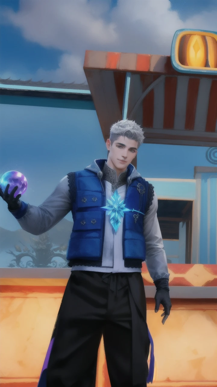 (Absurdres, Intricate Details, Masterpiece, Best Quality, High Resolution, 8k), 1 male, masculine, young, aged up, dreadful, finely detailed eyes and face, gray short back and sides hair, black eyes,  portrait,  looking at viewer, solo, (full body:0.6), detailed background, (RootsBranchesAI theme:1.1) glowing eyes, gentle smile,   high fantasy, cleric, casting healing spell,  hovering in air, sunshine, floating leaves,  color cape, gloves, magic sphere, divine spell, mana, bright realistic lighting, marble castle in background, peaceful atmosphere,  tiara of light hovering above head, , Depth of Field, VFX.