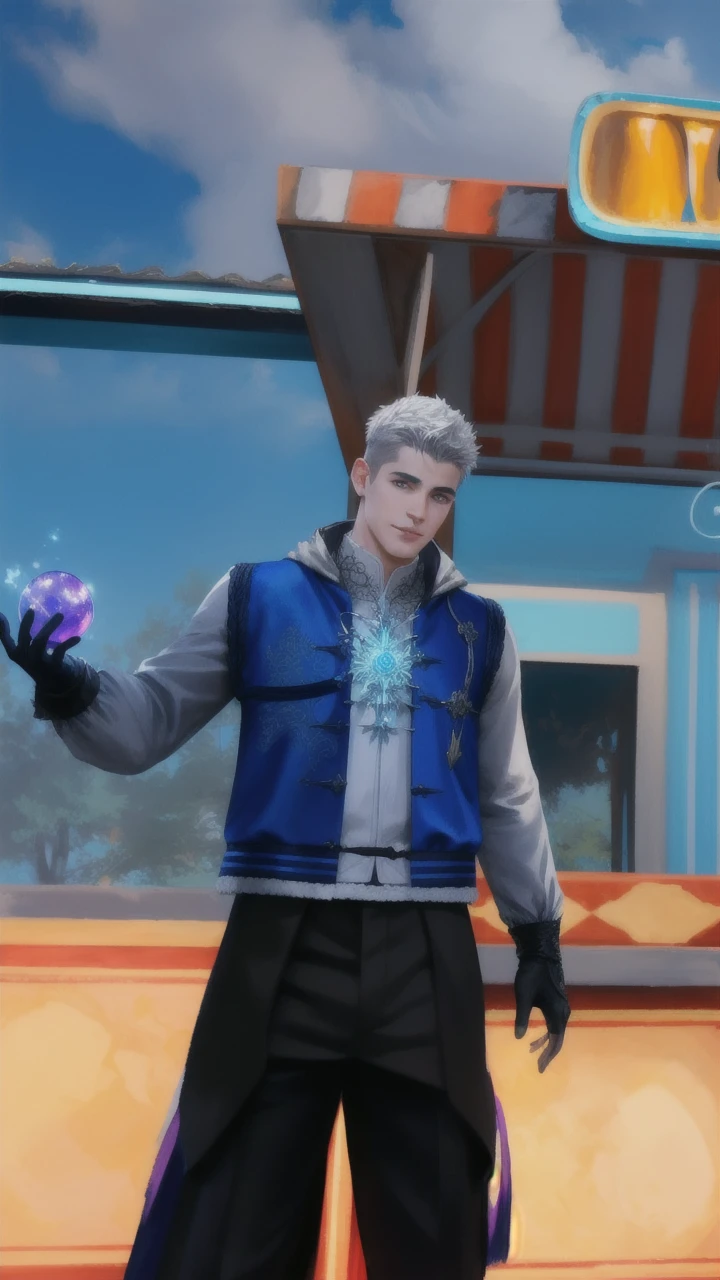 (Absurdres, Intricate Details, Masterpiece, Best Quality, High Resolution, 8k), 1 male, masculine, young, aged up, dreadful, finely detailed eyes and face, gray short back and sides hair, black eyes, portrait, looking at viewer, solo, (full body:0.6), detailed background, (RootsBranchesAI theme:1.1) glowing eyes, gentle smile, high fantasy, cleric, casting healing spell, hovering in air, sunshine, floating leaves, color cape, gloves, magic sphere, divine spell, mana, bright realistic lighting, marble castle in background, peaceful atmosphere, tiara of light hovering above head, , Depth of Field, VFX.