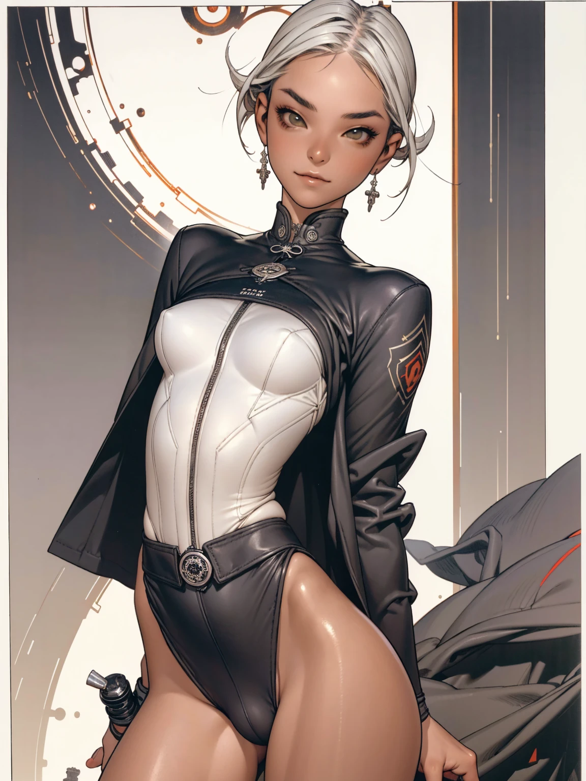 (((devilish smile))), (((melhor qualidade: 1.4))), (((full metal))), (((DuneWalker))), (((post-apocalypse))), (Unbeatable masterpiece), (hiper HD),(CG 8k hiper-realista), 1Garota armada em um mundo futurista, (((dunewalker))), (((white Bob haircut style))), Coronel Motoko, modern clothes with macrostructure composing her slender body with perfect proportions, hexagonal patterns, cabelo colorido, cyberpunk de atitude, pose ativa, mecanismos vivos, fundo parede grafitada, ((( girl))), (((melhor qualidade: 1.4))), (((short haircut))), (Unbeatable masterpiece), (hiper HD),(CG 8k hiper-realista), (((seios grandes))), (((hiper feminina))), sexy girl, black tattoo,(cabelo de cor escura) ((( corpo))), (((1 garota))), garota tatuada de 25 anos com corpo perfeito,,Rosto lindo e bem cuidado,muscular corpo:1.2,solid color detailed jacket, (Head to thigh photos), Equipamento complexo, verde escuro,long pants,Tight clothes are dark,With white stars and off-white stripes,,,,,Armor Metal Electronic Parts, Tatuagens de veneno ) INFO, garota, (((Sozinho))), pirralha Violento, (((14 a sexy, pose de atitude, obra de arte, post-apocalypse, (((manga style))), Bounty Hunter, Violento, Manic, cara de mau, corpo esguio, magra mas forte, corpo perfeito, roupa moderna, Advanced technology, Pleated mini skirt with checkered pattern in red and black, jaqueta tipo gola de pele, sleeves with vertical striped pattern, fundo neutro, (( tiro de vaqueiro )). visual intrincado