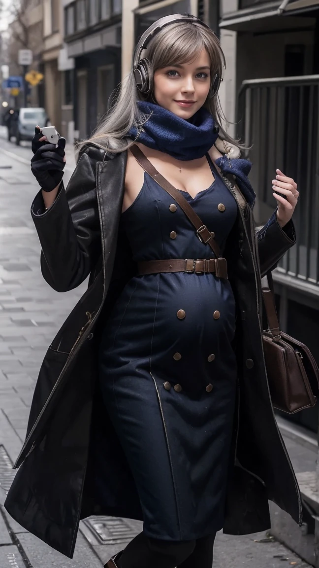 masterpiece, best quality, 1girl,  HD, 4K, solo, Bkornblume, headphones, solo, blue scarfs, coat, pussy, opened clothing, pregnancy, pregnant, exhibitionism, black dress, black gloves, grey hair, holding gun, black coat dress, long sleeves, gloves, blushing, naked, smile, full body, pouch, german face, boots, walks, tongues out, salivate, nude, NSFW, opened breasts, stasi spy, suburbs background, pantyhose, heels, holsters, buttons, knee, Street, Germany, breasts, blue stocking, nipples, topless, nude, big breasts, mommy, mama Bkornblume