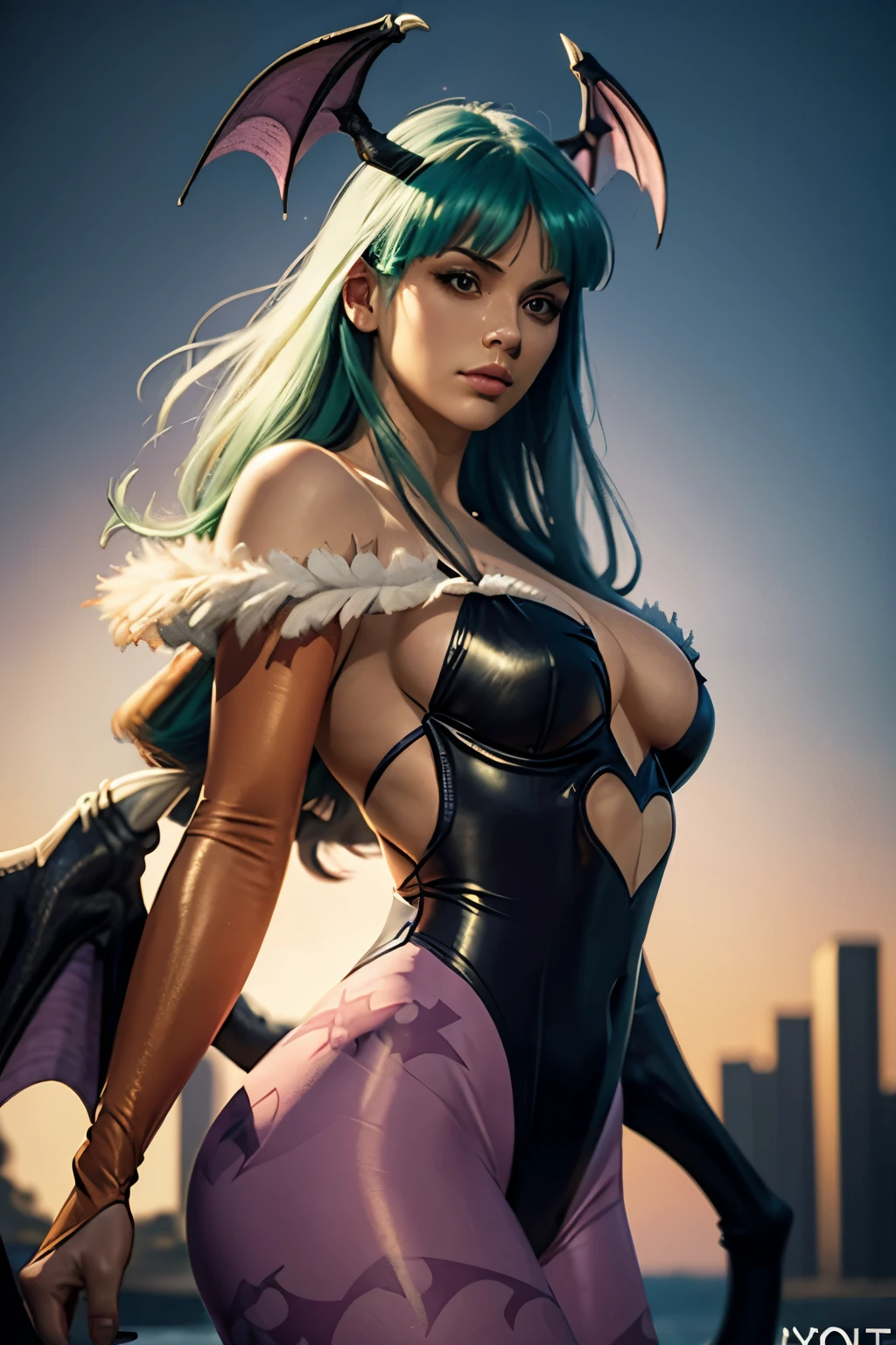 Creative artist's impression of the Morrigan Aensland character from the game Darkstalkers in hyper realistic style, with bat wings on the head, (asas de morcego nas costas), cabelo verde, black swimsuit, purple pantyhose, Beige gloves covering the entire arm, medium bust, rosto de pele branca, a noite, lunar illumination.