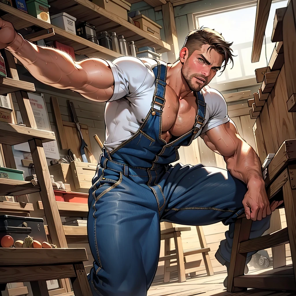 masterpiece, best quality, face, natural eyes, 1man, macho man,, muscled and mature, stephen amell as a carpenter wearing totally unbuttoned overall, sweating, tight cloth showing his muscles and bulge , full body , background wood workshop , woodwork of chairs , tools , wood parts , volumetric dynamic bright light .....