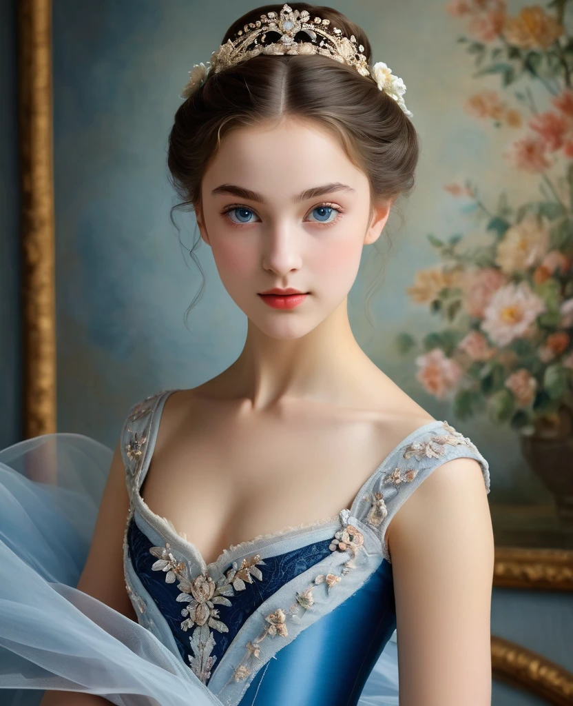(High resolution,masterpiece:1.2),(Realistic:1.37)"(highest quality, High resolution, Super detailed, Realistic),Beautiful portrait of a 16-year-old French ballet dancer from the 19th century, (She is half French and half Japanese., She is a beautiful woman with deep blue eyes and a high nose.:1.1), Exquisite ballet costumes, Detailed facial features, Long and graceful neck, Flowing locks of hair, Calm and elegant posture, Soft and delicate lighting, Classical Oil Painting Medium, Vibrant colors, Delicate background with floral motifs"