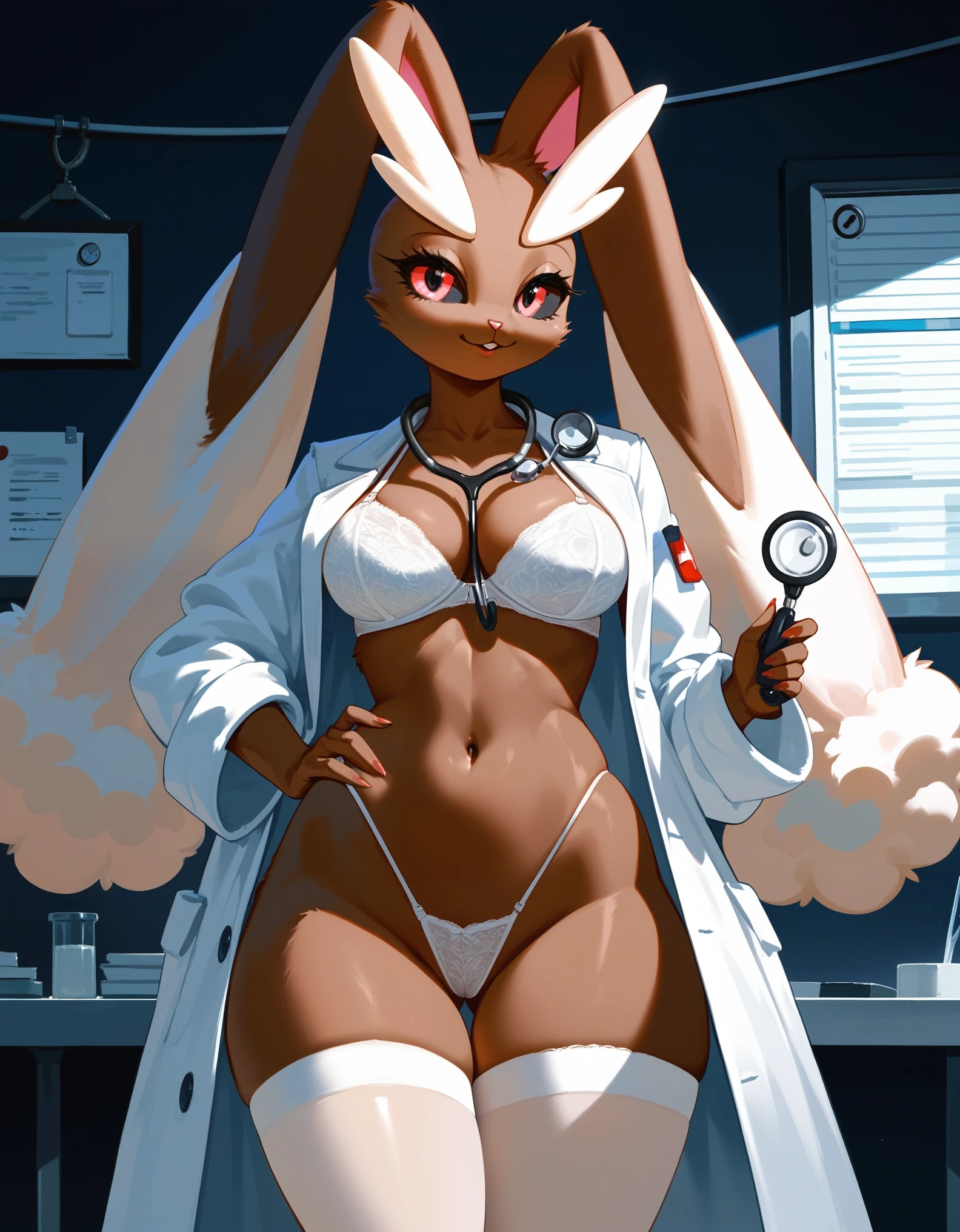 score_9,score_8_up,score_7_up, an Anthro furry female lopunny pokemon, black sclera, tall hourglass figure body, wearing long white doctors coat, doctors head mirrow ln forehead, white bra, white thong, white thigh highs, a stethoscope draped around her neck, hands, on her hips,
