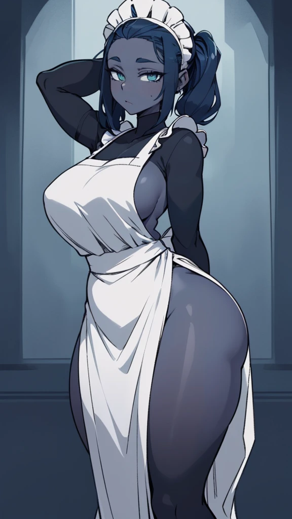 NSFW, ((black grey skin Drow)), (gigantic ass), firm ass , tall girl, slim waist, curvy figure, arms behind back, (((dark_blue_hair))), green_eyes, long_pigtails, ((apron))