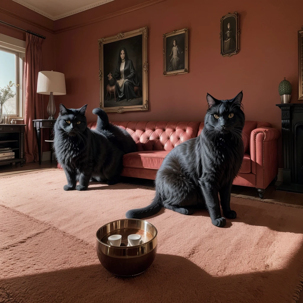 painting of Wayne Barlowe A large and anthropomorphic black Angora cat, sitting in the living room of her house, reclining on a pink velvet couch, on her lap she has her human-pet red female devil, she caresses her tenderly. On the walls we see paintings with cats and devils in the red sand desert, there are also coffee tables with pots containing cacti