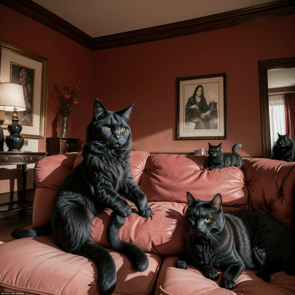  painting of Wayne Barlowe  A large and anthropomorphic black Angora cat, sitting in the living room of her house, reclining on a pink velvet couch, on her lap she has her human-pet red female devil, she caresses her tenderly. On the walls we see paintings with cats and devils in the red sand desert, there are also coffee tables with pots containing cacti