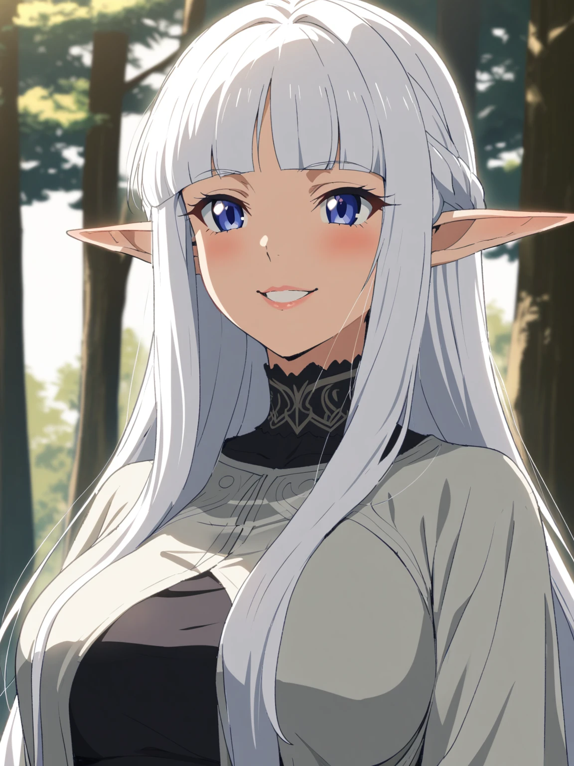 {{upper body, face focus}} {{Artist: Sincos}} 1 woman, solo, mature female, elf elegant, princess, pointy ears, blue eyes, long hair, straight hair, white hair, blunt bangs, lips, large breasts, happy, white tabard, black collar, black undershirt, outdoors, forest, dappled sunlight, medieval fantasy.
