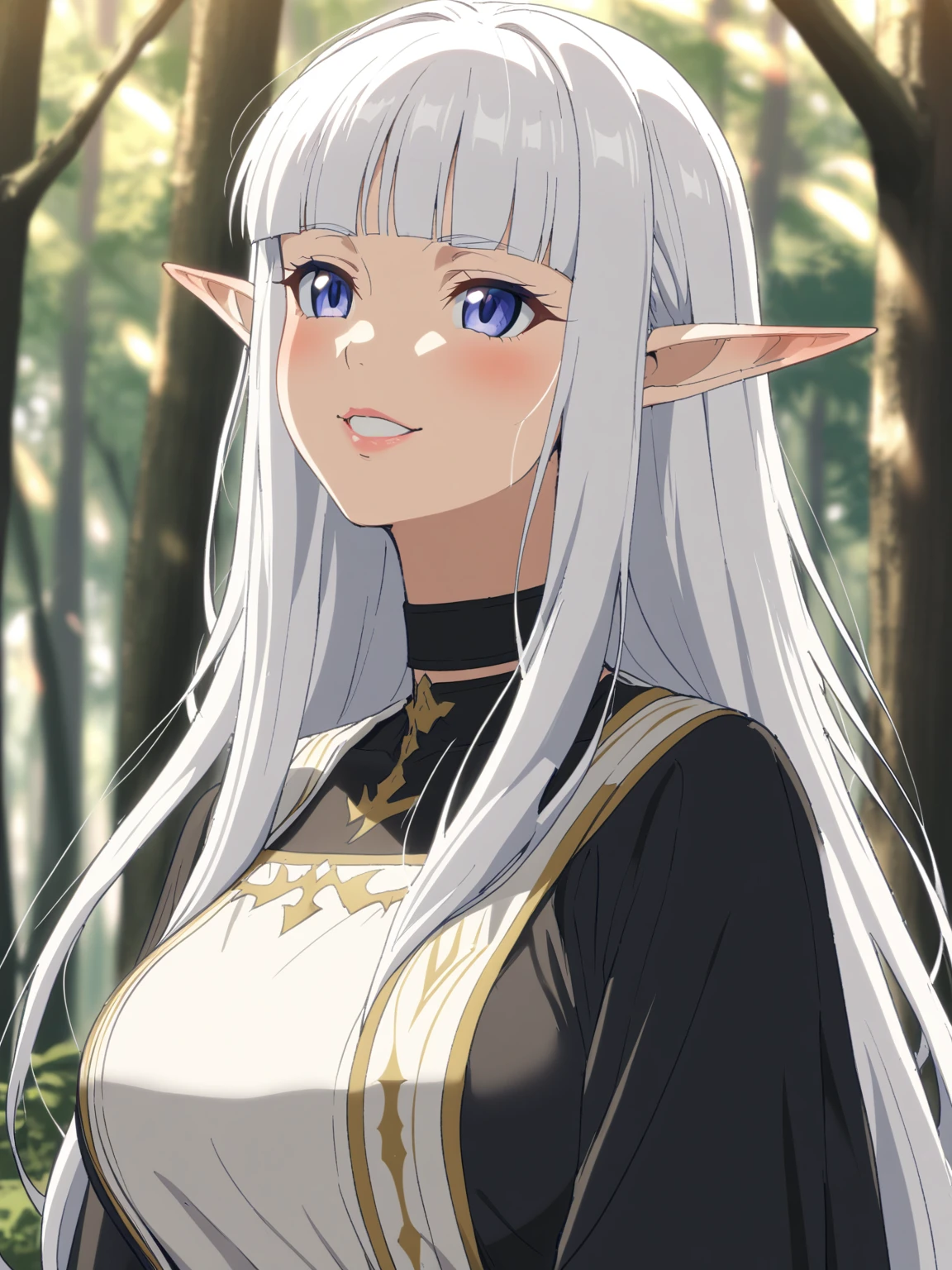 {{upper body, face focus}} {{Artist: Sincos}} 1 woman, solo, mature female, elf elegant, princess, pointy ears, blue eyes, long hair, straight hair, white hair, blunt bangs, lips, large breasts, happy, white tabard, black collar, black undershirt, outdoors, forest, dappled sunlight, medieval fantasy.
