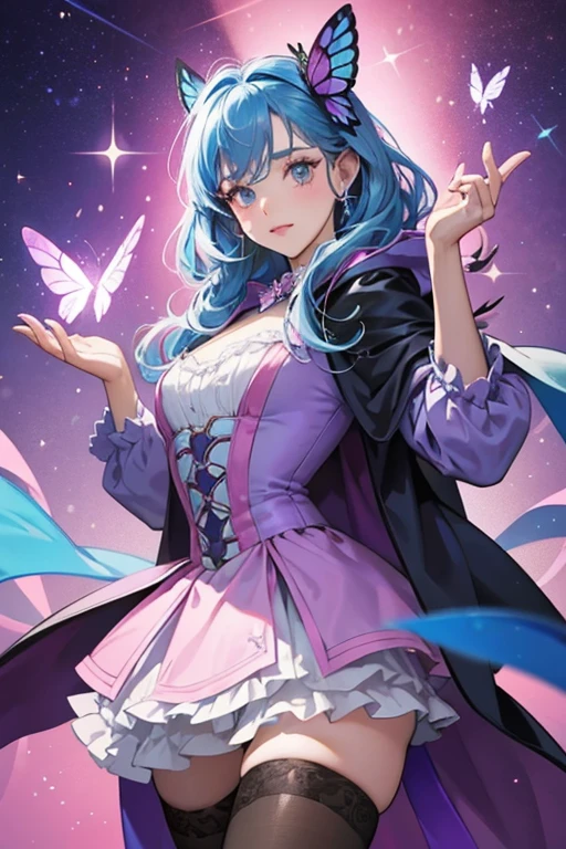 Thief Papillon wears a light blue dress covered by a dark purple cloak. She also wears pink stockings and a pink mask shaped like a butterfly on her face. SPARKLE; GLITTER