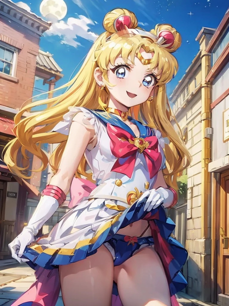 a anime girl with long hair posing on the moon, near a house and a building, 1girl, sailor moon, tsukino usagi, solo, skirt, sailor senshi uniform, blonde hair, blue eyes, gloves, panties, twintails, underwear, skirt lift, long hair, white gloves, moon, clothes lift, jewelry, night, looking at viewer, earrings, smile, choker, white panties, bow, double bun, breasts, lifted by self,lol_i,Ichigo Hoshimiya (Aikatsu!),supersailormoon