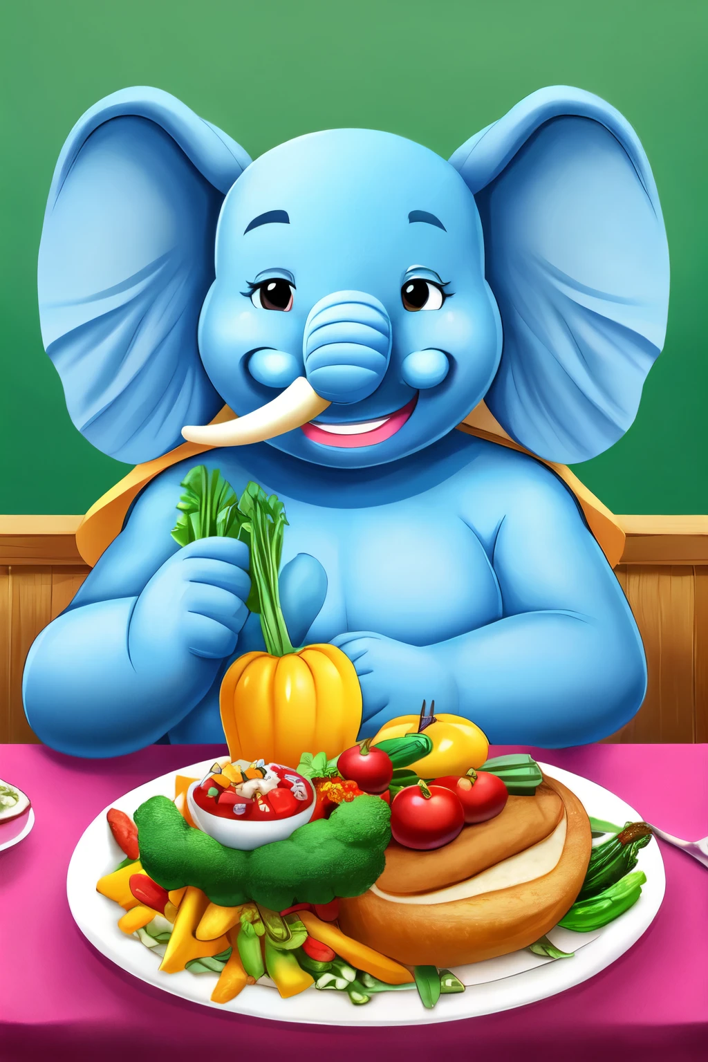  draw a blue elephant
( smiling and with a vegetable in hand), with plates of food behind ( representing nutrition) not being obese.