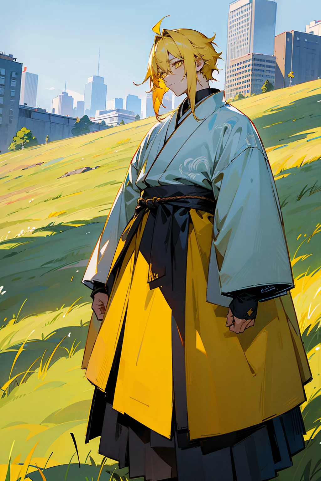 1male, yellow hair, yellow eyes, expressionless, yellow and blue haori, grassy terrain, city background, detailed background, hands to side, standing on path