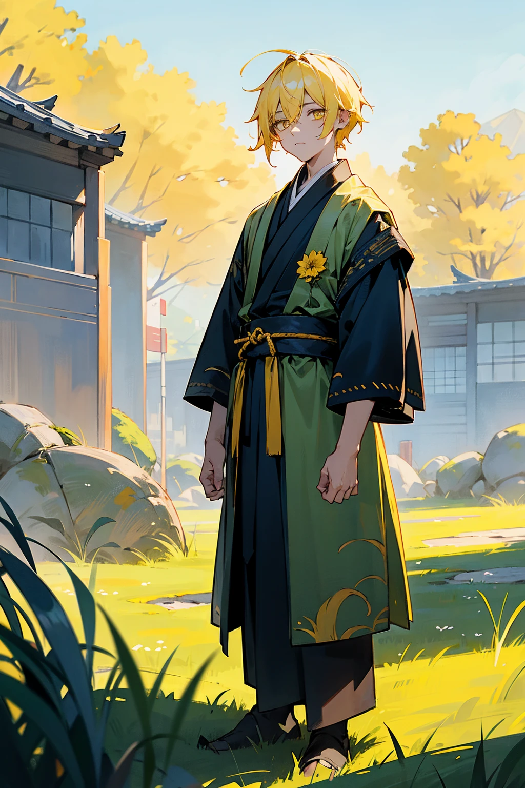 1male, yellow hair, yellow eyes, expressionless, yellow and blue haori, grassy terrain, city background, detailed background, hands to side, standing on path