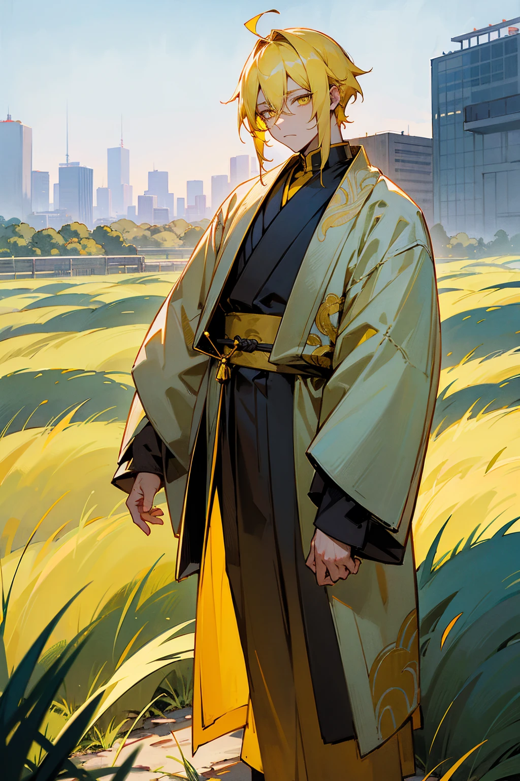 1male, yellow hair, yellow eyes, expressionless, yellow and blue haori, grassy terrain, city background, detailed background, hands to side, standing on path