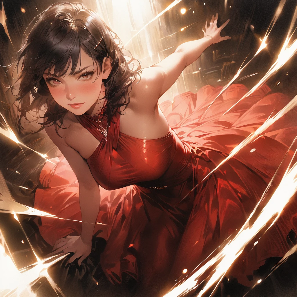 highest quality, masterpiece, Ultra-high resolution, (Realistic: 1.4), RAW Photos, 1 girl, Black Hair, Shiny skin, Dramatic lighting, whole body,, Red dress, huge