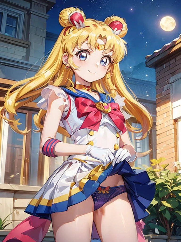 a anime girl with long hair posing on the moon, near a house and a building, 1girl, sailor moon, tsukino usagi, solo, skirt, sailor senshi uniform, blonde hair, blue eyes, gloves, panties, twintails, underwear, skirt lift, long hair, white gloves, moon, clothes lift, jewelry, night, looking at viewer, earrings, smile, choker, white panties, bow, double bun, breasts, lifted by self,lol_i,Ichigo Hoshimiya (Aikatsu!),supersailormoon