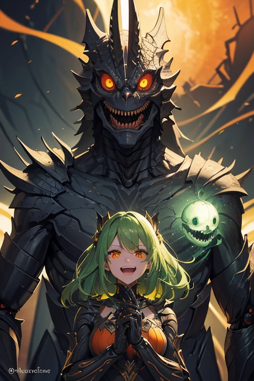 Absurdres, very detailed features, very detailed character, very detailed scene, upper body
{{1character, evil, biomechanic humanoid reptilian, green scales, 3 orange eyes, laughing}}