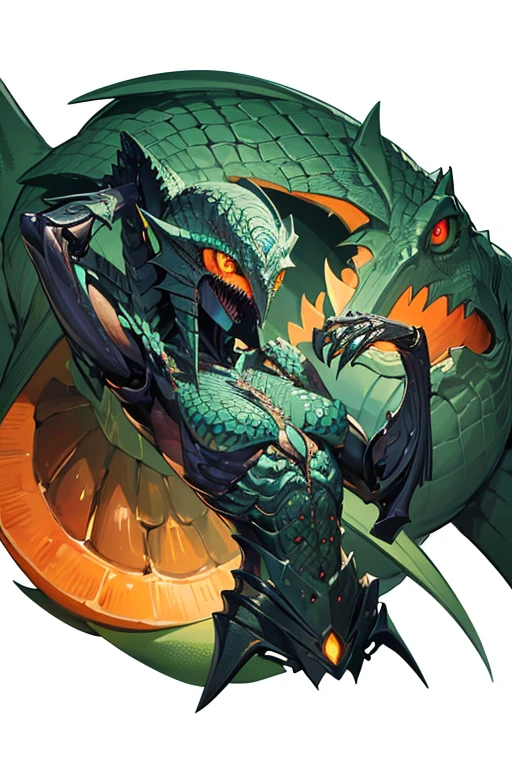 Absurdres, very detailed features, very detailed character, very detailed scene, upper body
{{1character, evil, biomechanic humanoid reptilian, green scales, 3 orange eyes, laughing}}