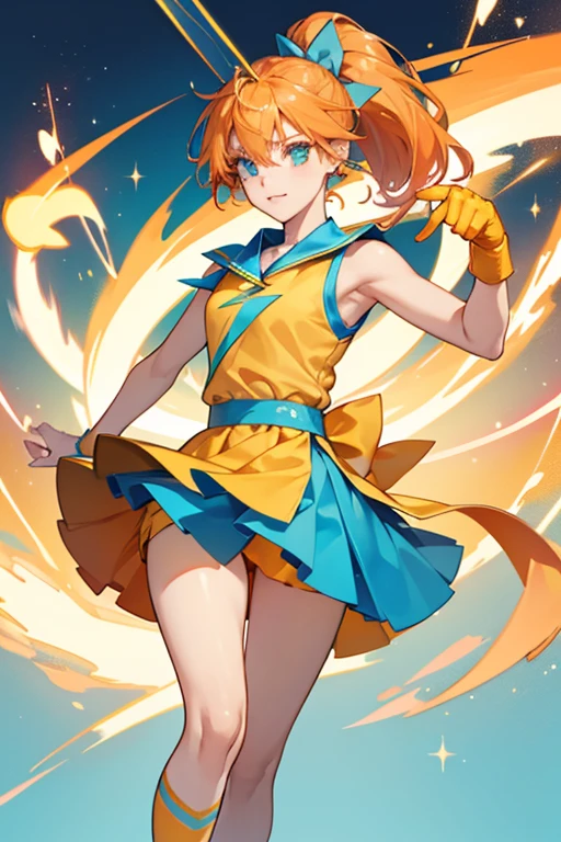 Thundertchi has a yellow slender body and wears a blue sleeveless shirt, orange skirt, and orange socks. Her orange hair swirls off to the sides and her ponytail is in the shape of a lightning bolt sticking up. Her eyes are green and she wears a pink bow. SPARKLE; GLITTER