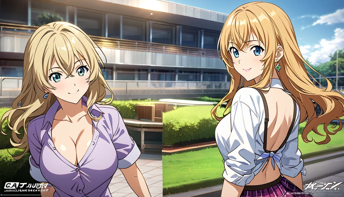 (best quality:1.5, highres, UHD, 4K, detailed lighting, shaders), blonde wavy hair, gyaru, large breasts, short sleeve , cleavage, unbuttoned shirt, bra, sexy, skirt, (pov, close shot), earrings, smiling, standing, classroom background (masterpiece, best quality, hi res:1.2), 1girl, (solo:1.2), pklacey, detailed skin, street, park, trees, grass, backlessclothes, backless dress, purple dress, close-up portrait of an anime heroine full of confidence and mischief of the background of character selection of a group of anime girls with eyes of different colors, kantai collection style, full body, kantai collection gallery, arte oficialwork, personajes de azur carril, arte oficial, chicas de primera linea style, clear and sharp rpg portrait, character selection portrait, Also, 8K!!, Ilustraciones oficiales del anime., chicas de primera linea cg, finos detalles. chicas de primera linea, chicas de primera linea universe
