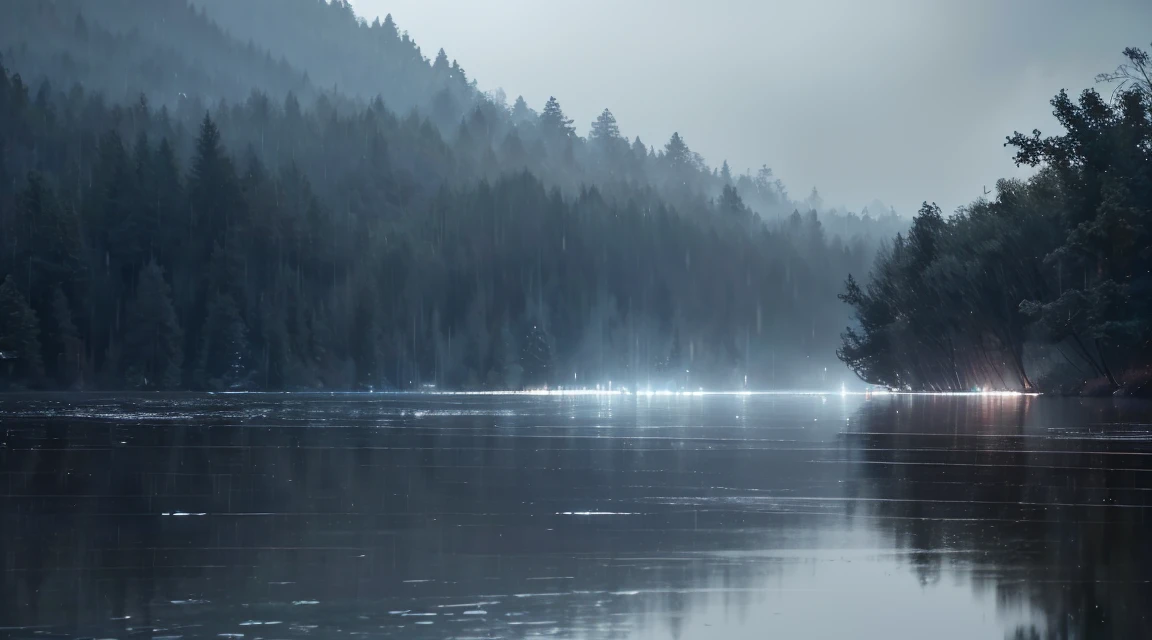 A lot of rain is falling on the mirror-like surface of the water, and it keeps raining all the time, (Photographic, Best Quality, High Quality, Highres:1.4), Detailed, Extremely Detailed, Ambient Soft Lighting, 4K, Background, Depth of Field,