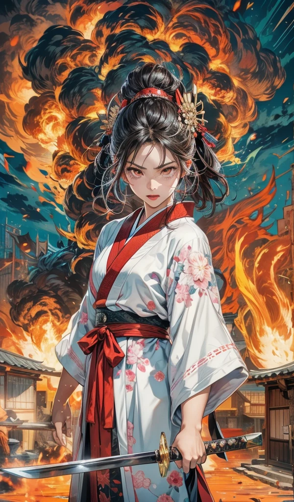 Downtown is on fire、Streets of the Warring States Period、night、Big Fire、30-year-old woman、A shining white silk-like kimono、The kimono has a red floral pattern、Burning house、An angry look in his eyes、Beautiful 30 year old woman、Female Fighter、The Japanese sword in his left hand shines red in the firelight.、Red eyes、Glaring at me、Adult beauty、A big explosion behind