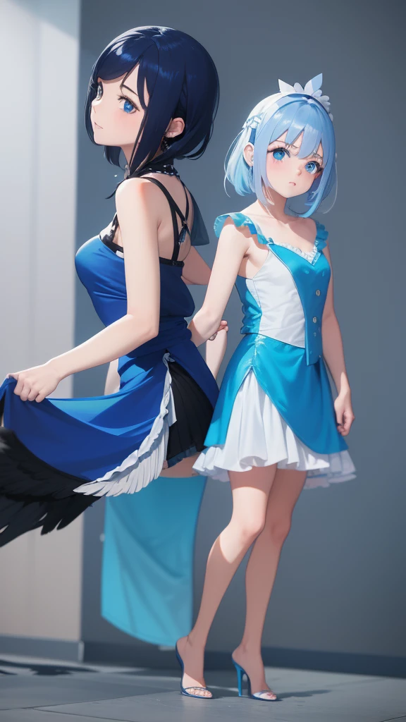 Chica con pelo azul y vestido rosa con 1 chica con vestido azul y alas blancas y otra chica con. Blue wings and blue dress face challenges and dangers on their way