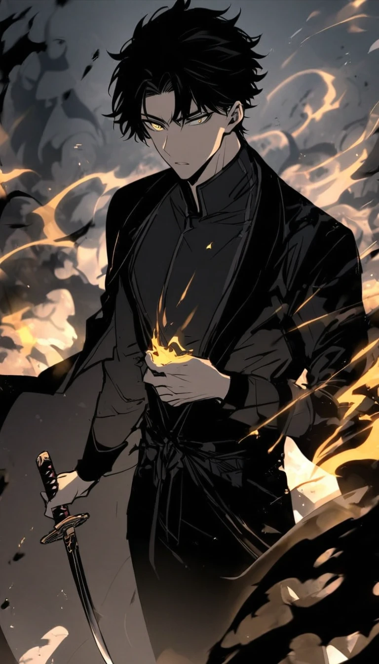 Handsome, alone, male, Short hair,, black hair, black yellow odd eye, black shirt, black pants, Black coat, black flame,holding a katana in one hand, The blade shines black
