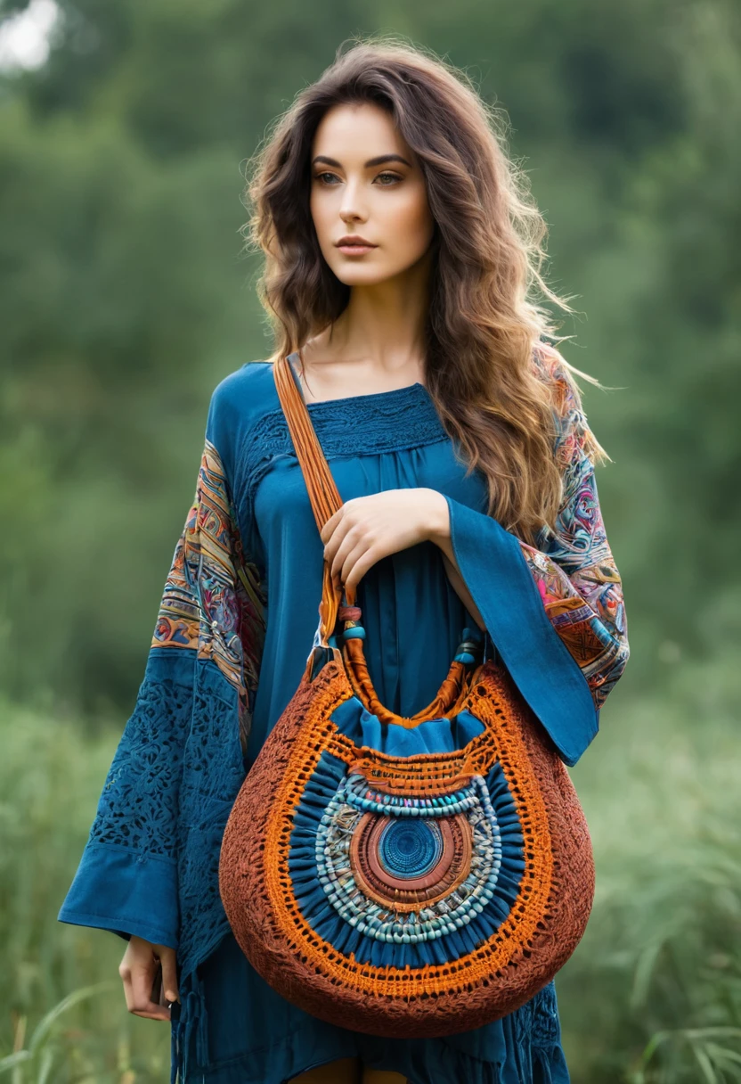 Beautiful attractive woman , boho bag