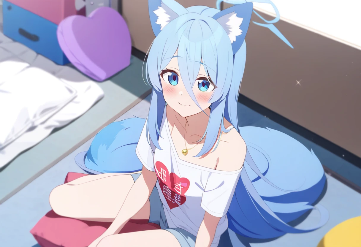 1 fille,Résolution Haute, Solo, Sourire, Bonne anatomie, assise sur une chaise, dans sa chambre D’Egirl, et ses talons sur le lit, et une laisse a ses mains regardant le spectateur d’un air coquin, en tshirt anime et un bas rouge,Gros seins