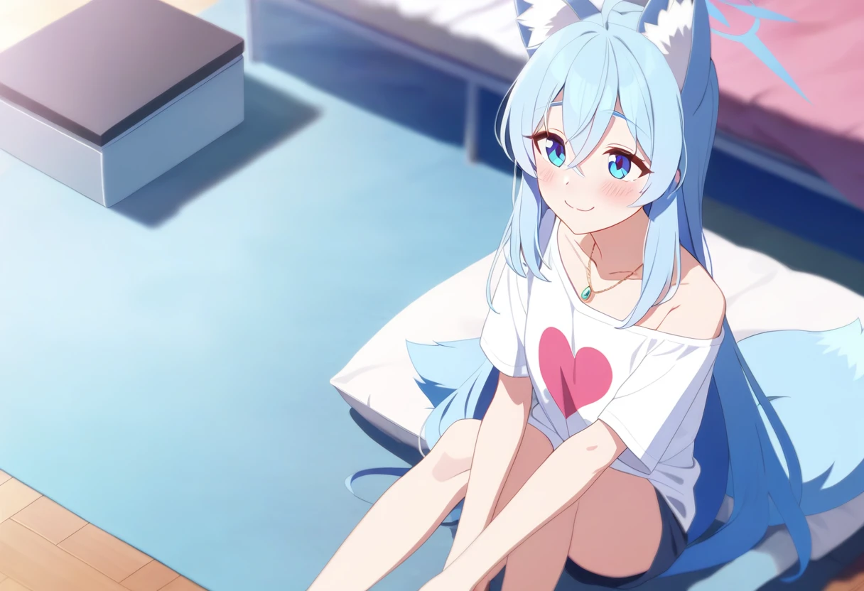1Girl Mary \(Blue Files\)
Bare Legs, blue eyes, blush, Fox ears, Fox Girl, from above, Hair between the eyes, Halo, hand Between the legs, Heart print, indoors, long hair, looking at the audience, look up, necklace, Off-shoulder, on floor
newest, Pillow, shirt, Bare shoulders, Smile, window, Between the legs, Shut up, Variza, Animal ears绒毛, floor, Clothes Writing, Solitary, Blue Hair, Depth of Field, Vague, Animal ears, Vague background, very long hair, Jewelry, Heart, sit, white shirt, print shirt, 
 absurd, High resolution, Sensitive