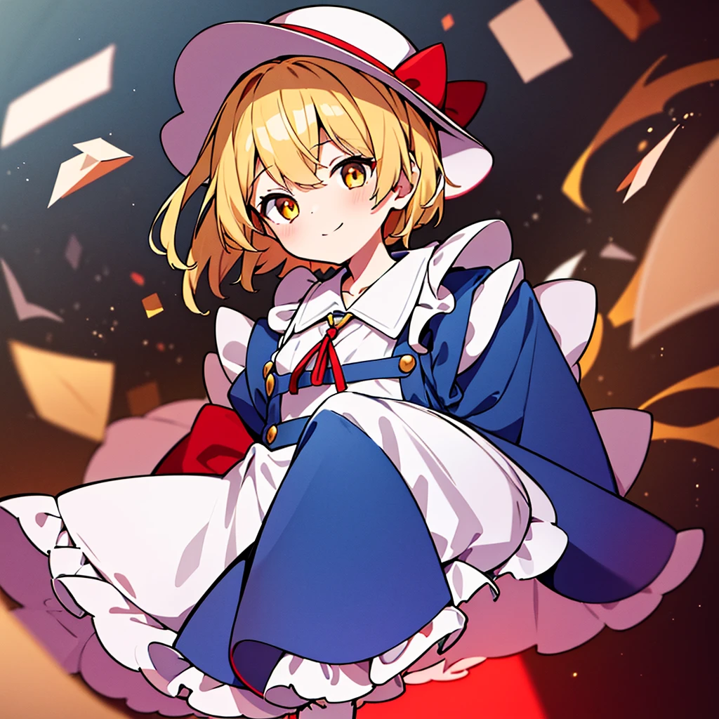 masterpiece, best quality, 1 girl, , , 20 years old, white hat, red ribbon, middle blonde hair, golden eyes, short puffy sleeves, white clothes, white apron, blue skirt, blue ruffles, collarbone, gentle smile, Kana Anaberal, Poltergeist, pinafore, open legs