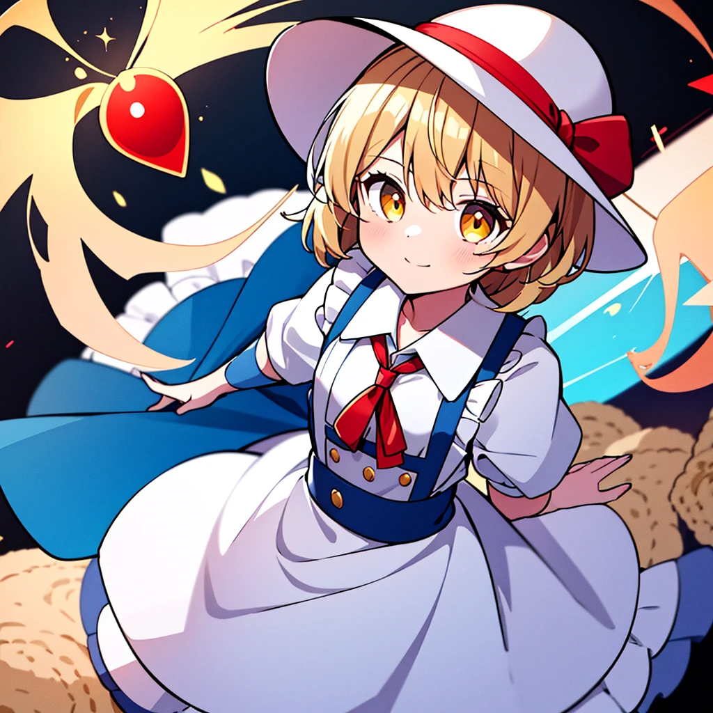 masterpiece, best quality, 1 girl, , , 20 years old, white hat, red ribbon, middle blonde hair, golden eyes, short puffy sleeves, white clothes, white apron, blue skirt, blue ruffles, collarbone, gentle smile, Kana Anaberal, Poltergeist, pinafore, open legs
