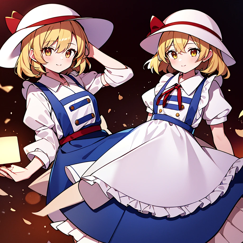 masterpiece, best quality, 1 girl, , , 20 years old, white hat, red ribbon, middle blonde hair, golden eyes, short puffy sleeves, white clothes, white apron, blue skirt, blue ruffles, collarbone, gentle smile, Kana Anaberal, Poltergeist, pinafore, open legs